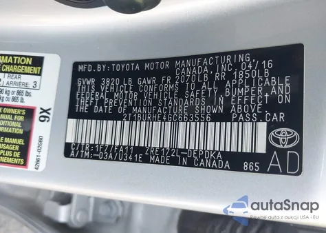 2016 Toyota Corolla L from USA, damaged, VIN 2T1BURHE4GC663556